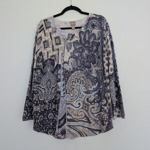 EUC Chico's Shimmery Blue Floral Paisley Crewneck Long Sleeve Blouse Sz 3/XL